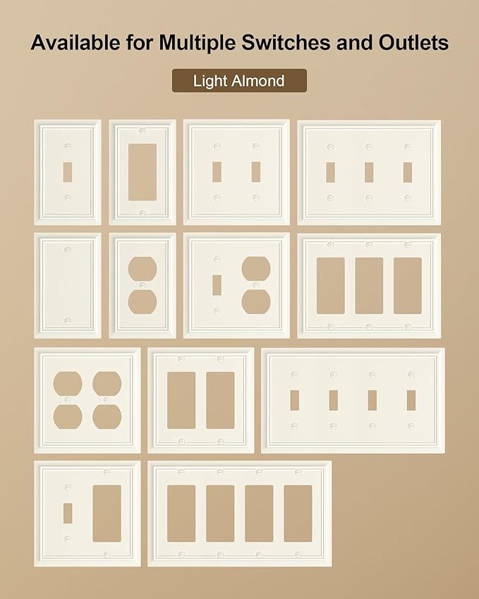 2-Pack Duplex Outlet Cover Plate, Decorative Light Almond Switch Plates and Outlet Covers, Natural Bamboo Fiber Wall Plates for Electrical Outlets, 1 Gang Receptacle Cover, Corrosion Resistant