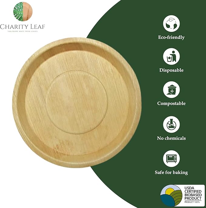 Charity Leaf Disposable Palm Leaf 14" Round Trays (10 pieces) Bamboo Like Serving Platters, Disposable Boards, Eco-Friendly Dinnerware For Weddings, Catering, Events
