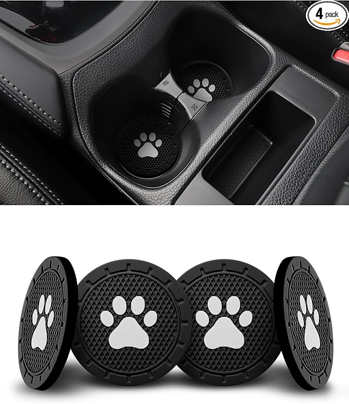 4 Pack Car Cup Coasters, Universal Dog Paw Print Non-Slip Silicone Cup Holder Inserts, Car Interior Accessories, Black