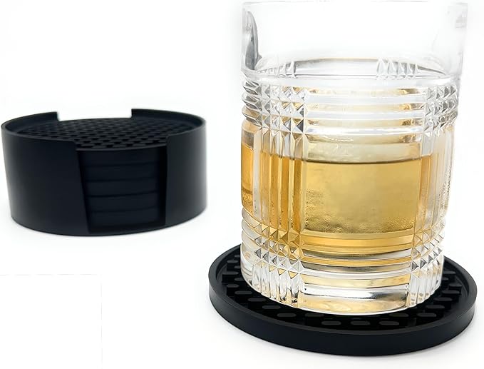 Happitasa 4.25 Inch Bar Mat Style Silicone Beverage Coasters, Set of 6 with Holder (Black)