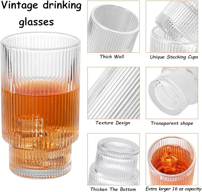 Ribbed Glassware Vintage Drinking Glasses - 16 oz Glassware Stackable Highball Origami Style Glass Cup Fluted Vertical Stripes Romantic Water Drinking Cups Set of 6 Dishwasher Safe