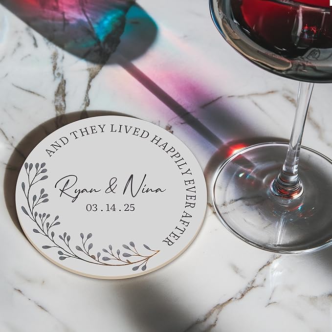 100 Pack Personalized Wedding Coasters, Custom Cardboard Coasters for Drinks with Photo Print and Text, Keepsake Wedding Favors and Gifts for Couples, 3.95" Round (Design 2)