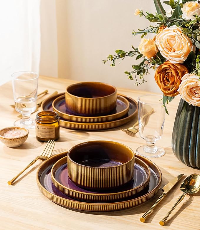 TheTerra Ceramic Dinnerware Sets for 4, 12 Pieces Porcelain Lightweight Plates and Bowls Sets, Scratch Resistant Dish Set, Oven & Microwave & Dishwasher Safe, Amber Amethyst