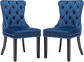 KCC Velvet Dining Chairs Set of 2, Upholstered High-end Tufted Dining Room Chair with Nailhead Back Ring Pull Trim Solid Wood Legs, Nikki Collection Modern Style for Kitchen, Blue