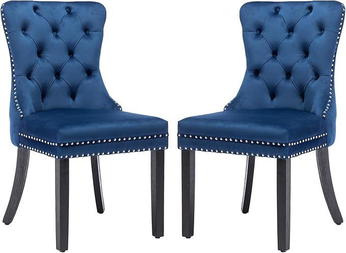 KCC Velvet Dining Chairs Set of 2, Upholstered High-end Tufted Dining Room Chair with Nailhead Back Ring Pull Trim Solid Wood Legs, Nikki Collection Modern Style for Kitchen, Blue