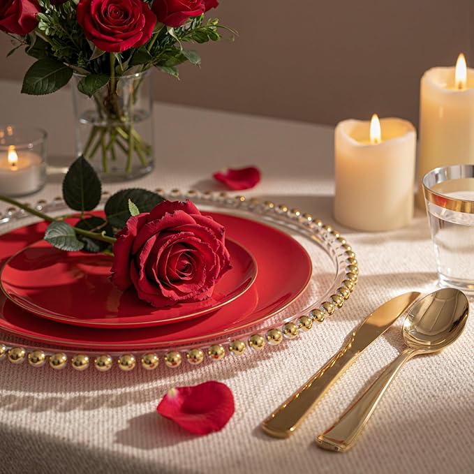 WDF 150Pcs Red Plastic Plates - Red Plates Disposable - 25Guest Christmas Dinnerware Include 25 Dinner Plate, 25 Dessert Plate, 75 Cutlery & 25 9oz Cups for Parties Valentine's Day