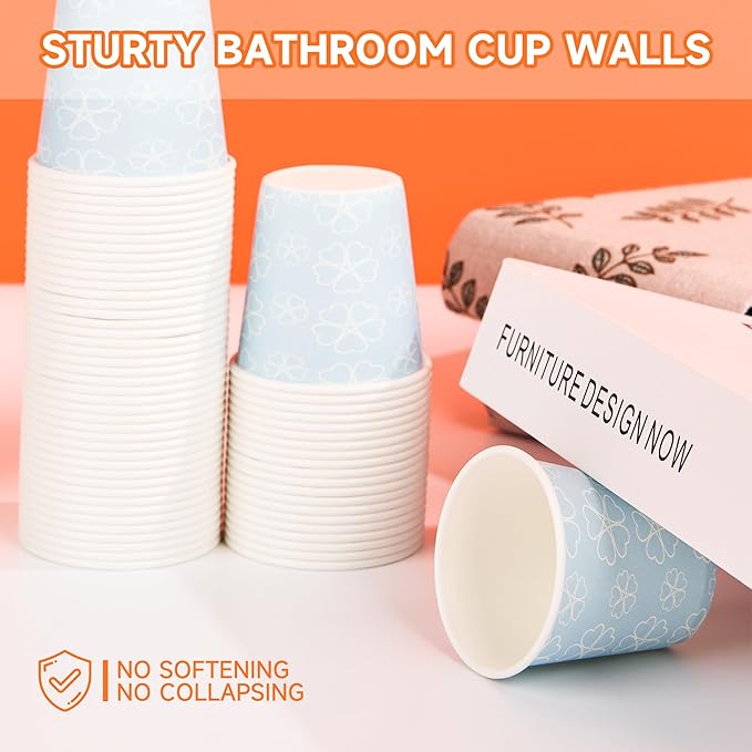 100 Pack 3 oz Bathroom Cups, Disposable Paper Cups with Rolled Rim, Small Paper Mouthwash Cup for Guest Bathrooms, Vanity & Office Use, Mist blue