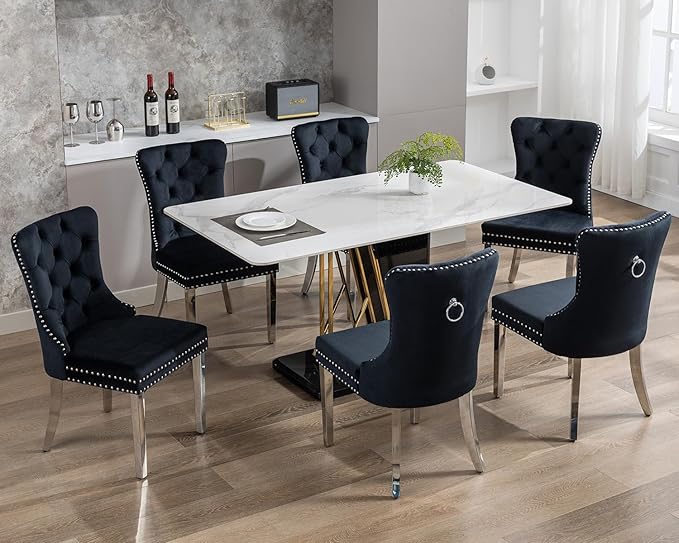 KCC Velvet Dining Chairs Set of 4, Upholstered High-end Tufted Dining Room Chair with Nailhead Back Ring Pull Trim Stainless Steel Legs, Contemporary Nikki Collection Modern Style for Kitchen, Black