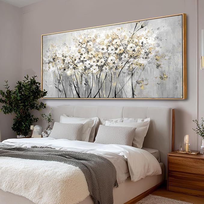 VAYIMDH White and Gold Canvas Wall Art Flower Photo Prints Vintage Wood Wall Decor 40"x86" Kitchen Artwork Pictures for Bedroom