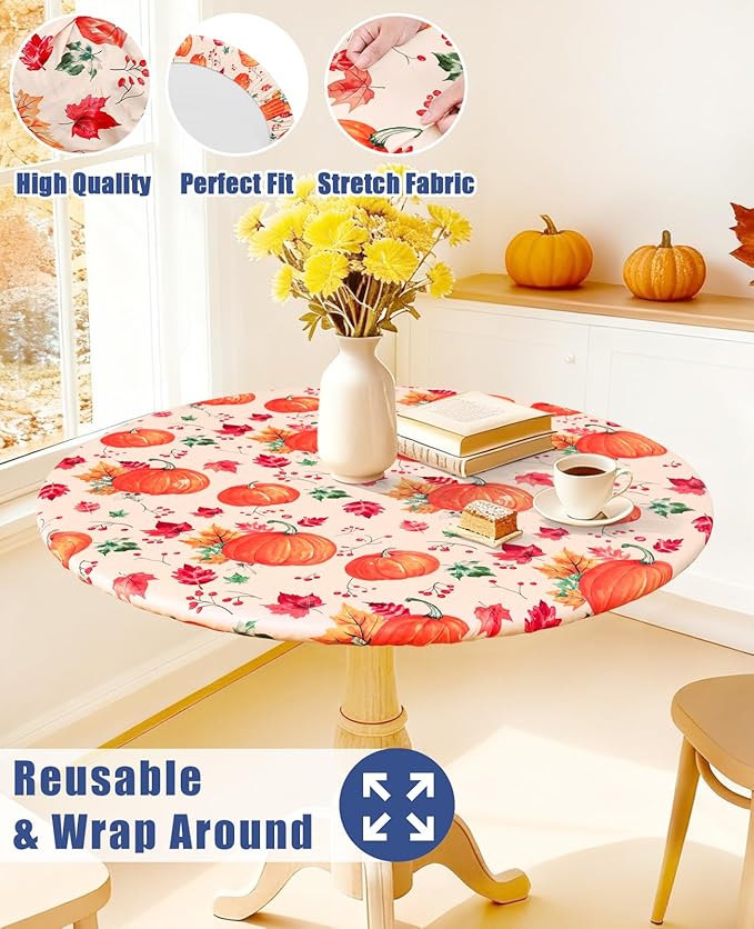 Round Spandex Thanksgiving Tablecloth, Elastic Fitted Waterproof Tablecloths for 36"-44" Tables, Stretch Washable Picnic Table Cover for Autumn Harvest Parties, Pumpkin Leaf