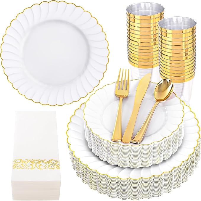 YOUBET 175PCS Gold Scalloped Plastic Plates - White and Gold Disposable Dinnerware Set Include 50 Plates, 75 Gold Silverware, 25 Cups, 25 Napkins for Party & Wedding