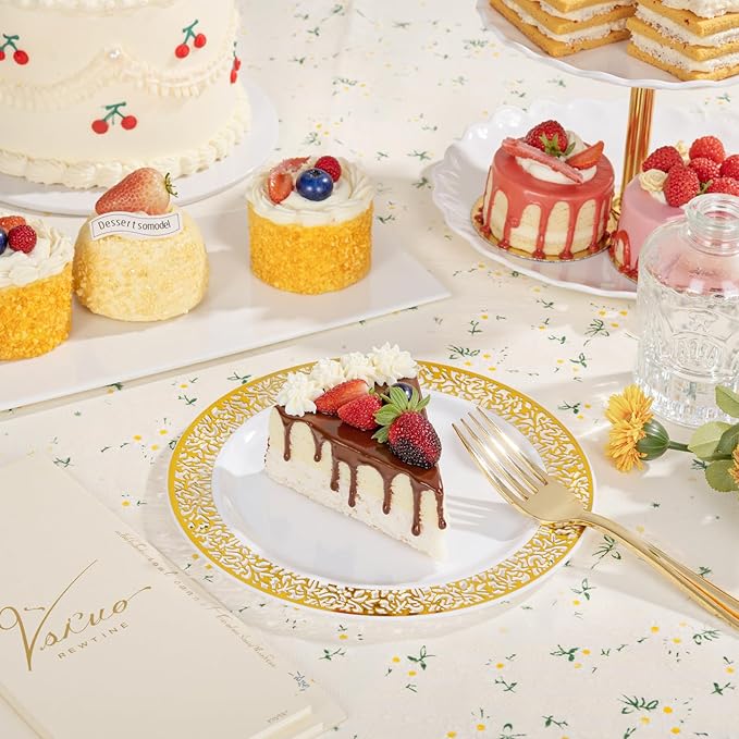 WDF 100pcs Gold Dessert Plates 7.5" with 100 Pieces Disposable Forks 7.4", Lace Design Fancy Appetizer Small Salad and Cake Plates for Thanksgiving Party/Weeding