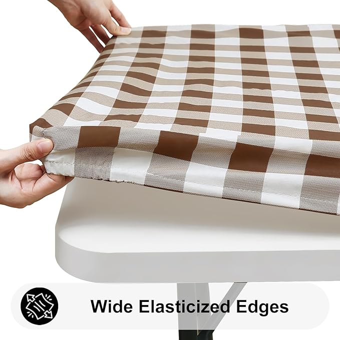 Smiry Rectangle Picnic Table Cloth, Elastic Waterproof Fitted Vinyl Tablecloths, Flannel Backed Buffalo Plaid Table Covers for Dining, Camping, Outdoor (White and Brown, 30" x 48")