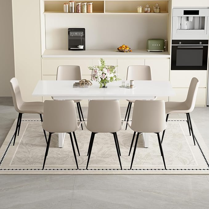 Extendable Dining Table Set for 8, 55"–71" Modern White Kitchen Table with 8 Upholstered Chairs, Space-Saving for Living Room Apartment, Sturdy & Comfortable, Easy Assembly