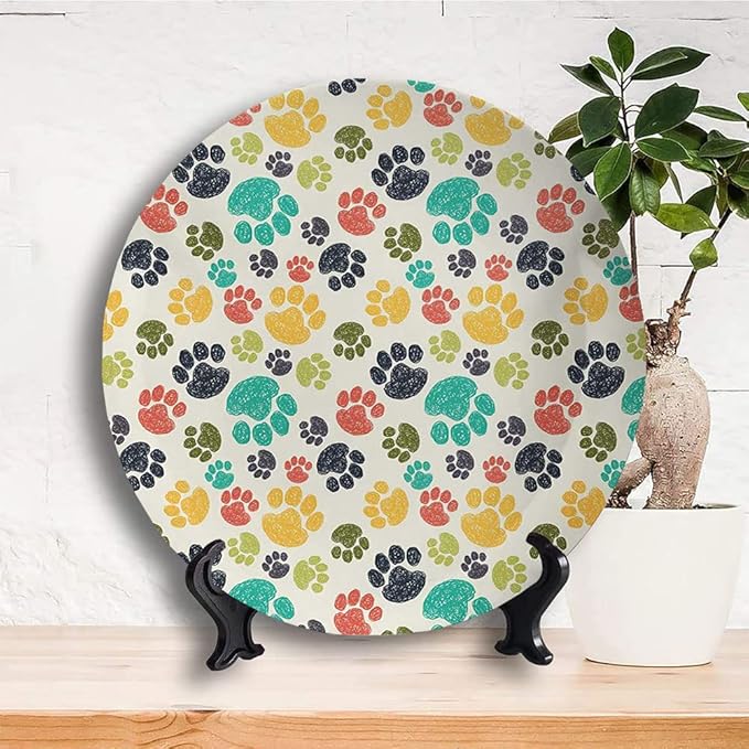 Decorative Plates, Dog Lover Print Ornament, Cute Hand Drawn Paw Print Doodles, 8 Inch, Kitchen Wall Decor, Multicolor