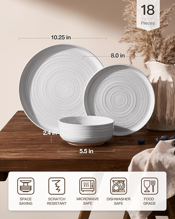 Plates and Bowls Sets for 6 (18-Piece) Stoneware Reactive Glaze Dinnerware with Speckles & Spirals, Chip and Scratch Resistant Flared Dishes Set with Gift Box, Microwave Dishwasher Safe, White
