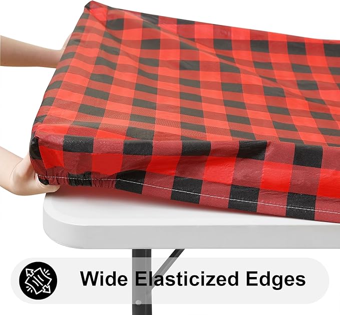 Smiry Rectangle Picnic Table Cloth, Elastic Waterproof Fitted Vinyl Tablecloths, Flannel Backed Buffalo Plaid Table Covers for Dining, Camping, Outdoor (Black and Red, 30" x 48")