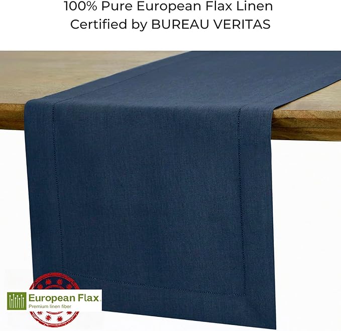 D'Moksha Homes Linen Navy Blue Table Runner 48 Inches - Classic Hemstitch, 100% Pure Linen Coffee Table Runner 14 x 48 Inch Ideal for Dresser Tables - Easter