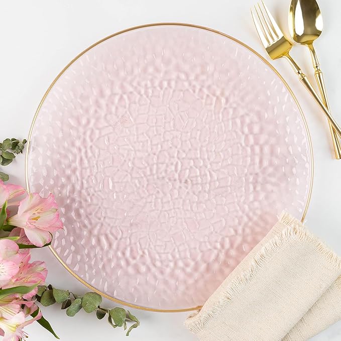 PARTY BARGAINS 13-Inch Charger Plates - 8 Pack, Hammered Pink Gold Rim, Heavy-Duty Disposable Chargers for Elegant Dining - Ideal for Weddings and Formal Events