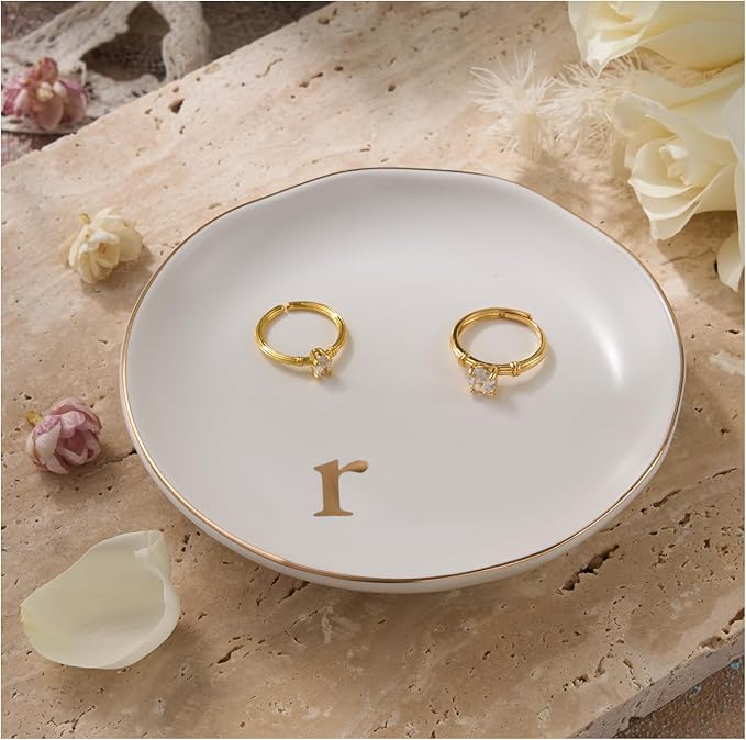 Lolalet Handmade Ceramic Ring Dish Jewelry Tray Plate with Initial, Small Monogram Gift for Her Women Girls Mother, Hostess, Engagement, Bridal Shower, Maid of Honor, Bridesmaid, Birthday, Christmas