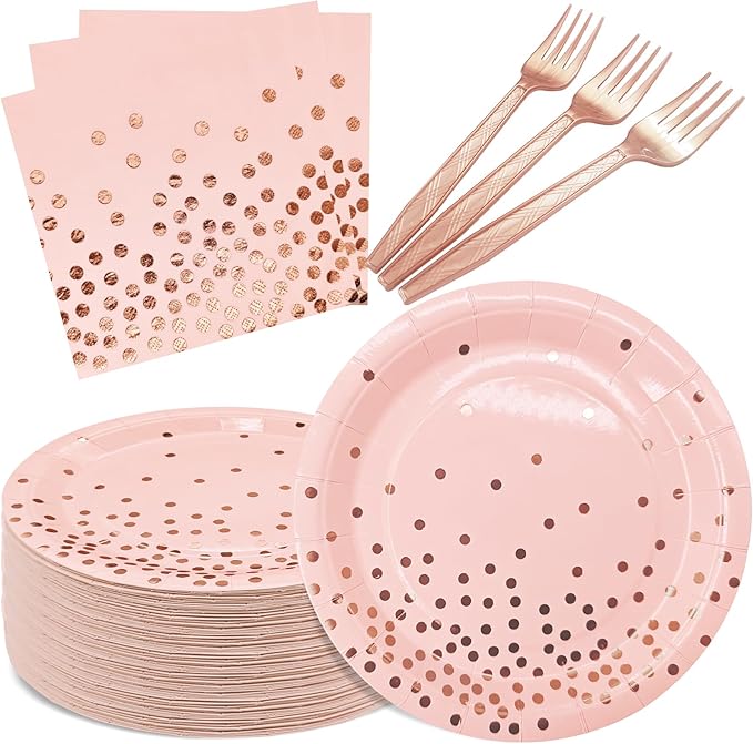 Serve 35 Guests Pink and Rose Gold Plates and Napkins Party Supplies,7 Inch Happy Birthday Pink Paper Plates Disposable for Bridal Showers Birthday Wedding