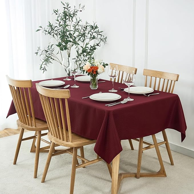 maxmill Rectangle Tablecloth Weaved Pattern Waterproof Spillproof Wrinkle Free Table Cloth, Kitchen Dining Tabletop Decoration, Fabric Table Cover for Holiday Parties, 52 x 70 Inch, Burgundy