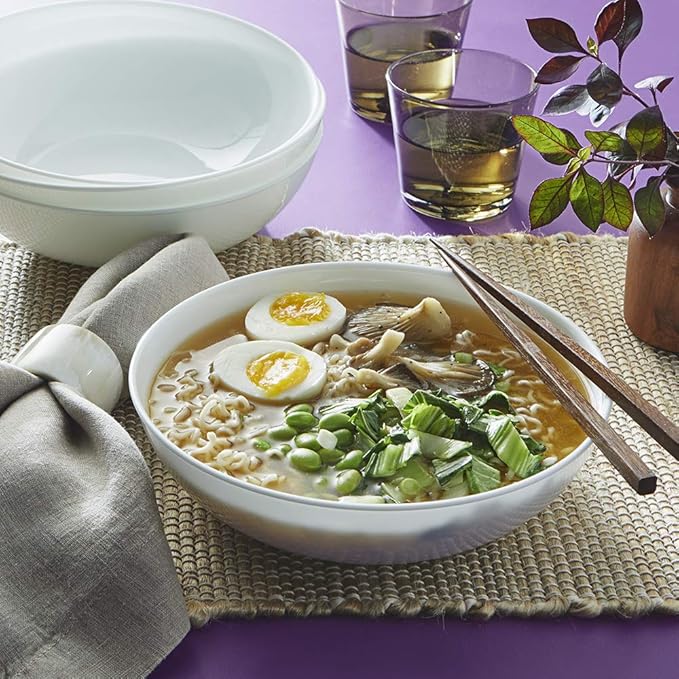 Corelle 4-Pc Meal Bowls Set Service for 4, Durable and Eco-Friendly 9-1/4-Inch Glass Bowls, Compact Stack Bowl Set, Microwave and Dishwasher Safe, White, 46 Ounces