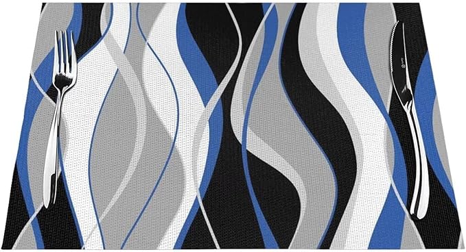Placemats Set of 4 Black and Blue Place Mats White Grey Striped Modern Abstract Woven Table Mats Washable PVC Placemat for Dining Kitchen Decor Indoor Outdoor, 12 x 18 Inch