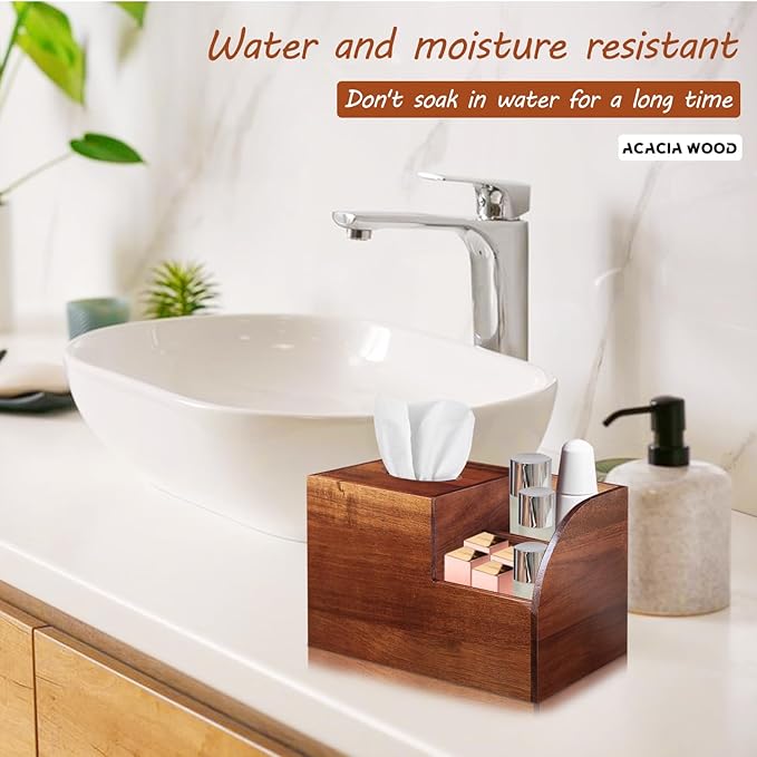 BIBELUN Square Tissue Box Cover,Multi-Functional Wood Tissue Box Holder with Storage Grid,Tissue and Remote Control Holder,Decorative Facial Tissue Cube Box Organizer for Desk,Nightstand,Bathroom
