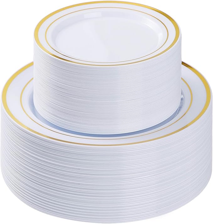 BESTVIP 100PCS Gold Plastic Plate, Disposable Party Plates with 50 Dinner Plates and 50 Dessert Plates, Plastic Plate for Parties, Wedding and Birthday