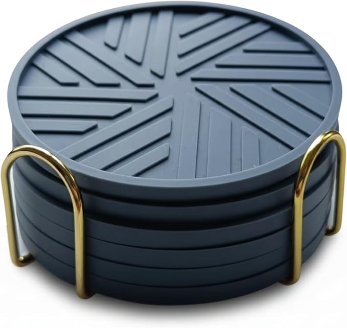 Silicone Coasters for Drinks Set of 6 & Gold Holder with Smart and Modern Groove Patterns - protecs Your Coffee Table from Condensation Mugs, Cups, Home Office bar Decor - Blue Gray