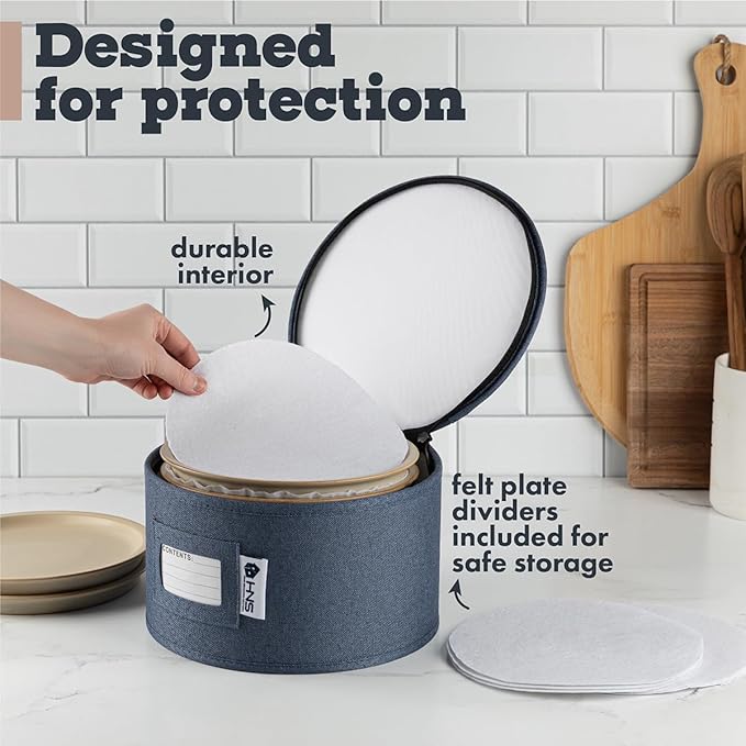 Dinner Plates Storage Container - Hard Shell China Organizer with Dividers - Holds 12 Plates of 10" - Durable & Stackable Storage Box for Seasonal Dishware Protection - Denim Blue