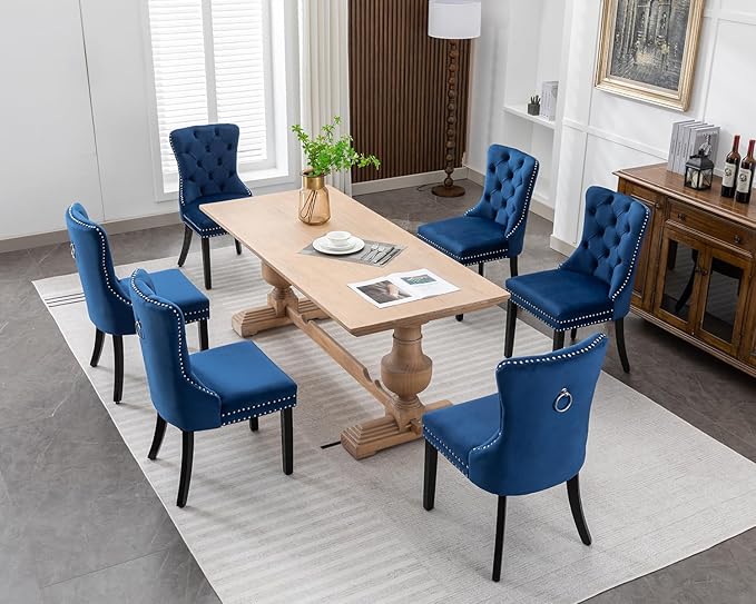 KCC Velvet Dining Chairs Set of 6, Upholstered High-end Tufted Dining Room Chair with Nailhead Back Ring Pull Trim Solid Wood Legs, Nikki Collection Modern Style for Kitchen, Blue