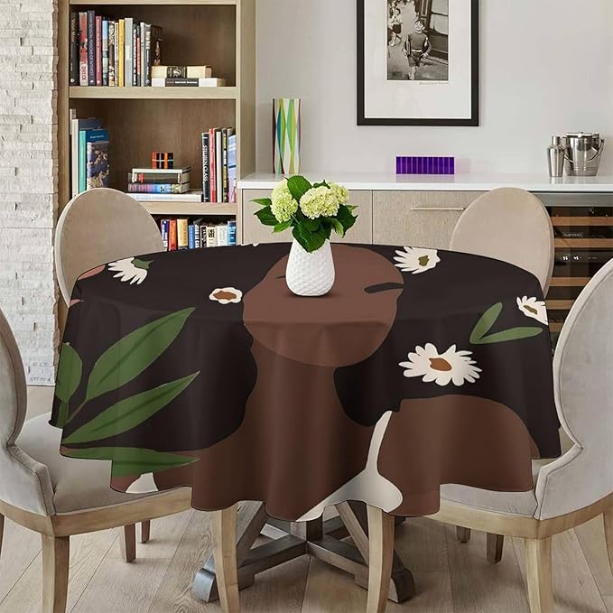 Bohemian Retro Mid Century Round Tablecloth, African Woman Girl Leaves Flower Tablecloth for Home Party Dining Room Kitchen Decor 50Inch(127cm)