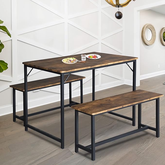 Kitchen Table Set with 2 Benches, Breakfast Nook Table Set, Wood Dining Table Set for 4-Person Space-Saving Dinette for Kitchen, Farmhouse Classic Modern, Rustic Brown