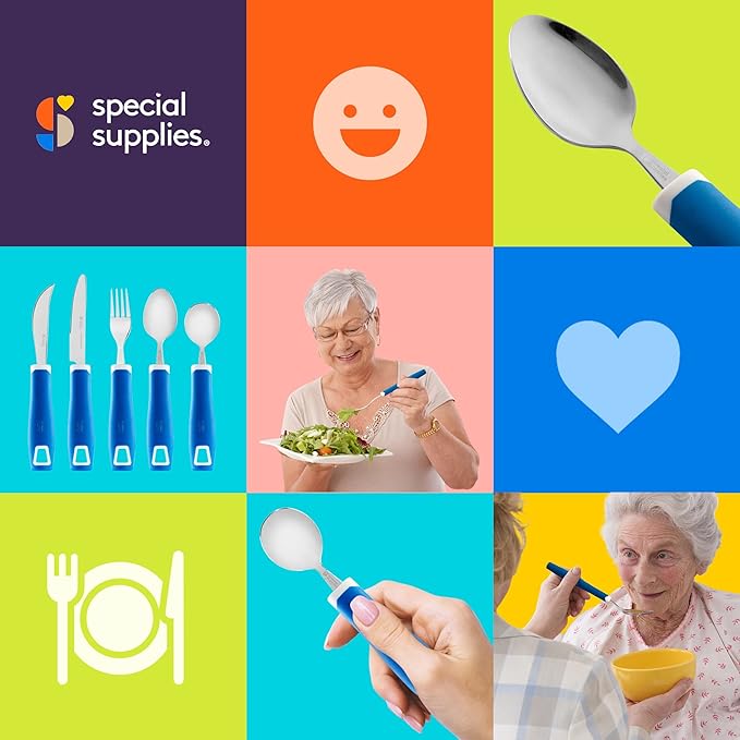 Special Supplies Adaptive Utensils 5-Piece Set Non-Weighted, Non-Slip Handles for Hand Tremors, Arthritis, Parkinson’s or Elderly Use - Stainless Steel Knife, Rocker Knife, Fork, Spoons - Blue
