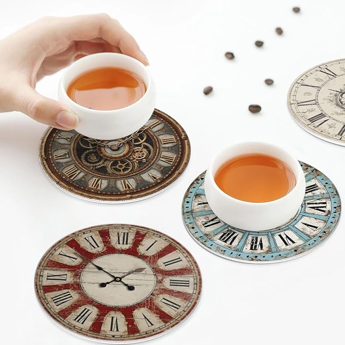Clock Coasters for Drinks with Holder Round Leather Coasters Set of 6 Cups Mugs Mat Pad for Home Kitchen Bar