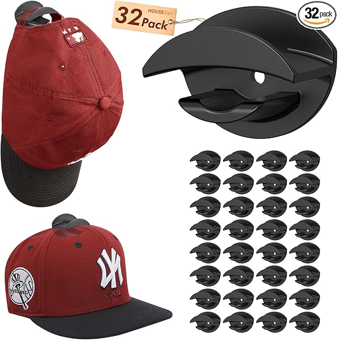 HOUSE DAY Adhesive Hat Hooks for Wall 32 Pack, Strong Hat Rack for Baseball Cap Display Organizer, Hats Holder for Wall, Door, Closet, No Drilling, Black