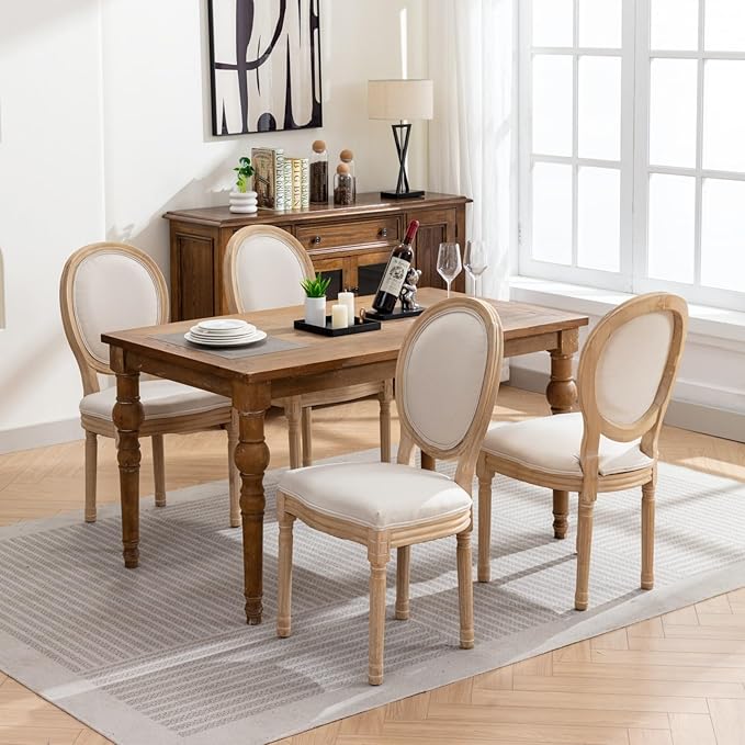 Ball & Cast French Vintage Upholstered Dining Chairs Set of 2, Farmhouse Antique Painting Wooden Kitchen Side-Chairs with Carved Solid Wood Frame, 2-Piece Curved Backrest Louis Chair, Linen Beige