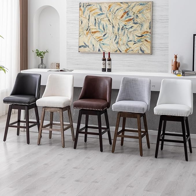 27.5" Counter Height Bar Stool, Linen Fabric Mid Century Modern Swivel Barstool with Back & Wood Legs Comfy Upholstered Counter Chair for Home Bar/Dining Room/Restaurant, Grey