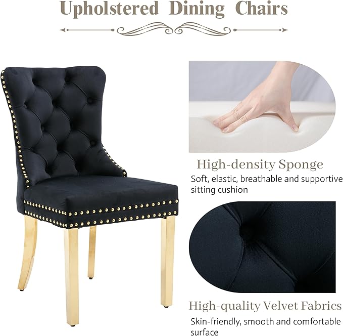 KCC Velvet Dining Chairs Set of 4, Upholstered High-end Tufted Dining Chair with Nailhead Back Ring Pull Trim Stainless Steel Legs, Contemporary Nikki Collection Modern Style for Kitchen, Black