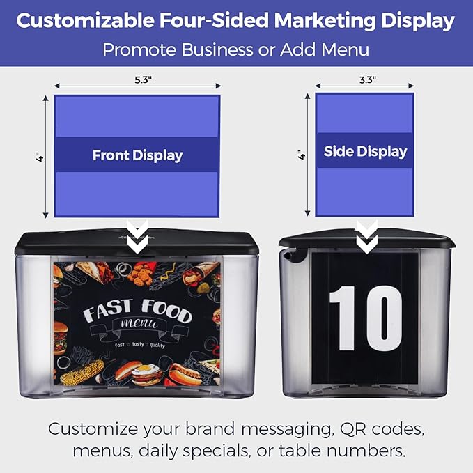 Interfold Tabletop Napkin Holder, Commercial Restaurant Napkin Dispenser with 4-Sided Marketing Insert Display, Easy-Access Black Napkin Dispenser for Counters & Tables