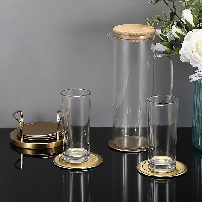 JUXYES Set of 6 Stainless Steel Round Coasters with Holder & Sponge Bottom, Golden Metal Cup Coasters Set Stunning Cool Coaster Cups Mats Decor for Restaurant Kitchen bar Dining Table