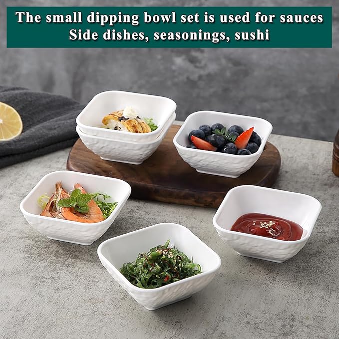 Kyraton Dip Bowls Set 6pcs 6oz, White Plastic Dipping Bowls Soy Sauce Plate for Side Dishes, Condiment Server for Tomato Sauce, Ketchup, Vinegar, BBQ and Party Dinner, Mini Appetizer Plates.