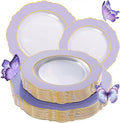WDF 60pcs Clear Purple Plates Disposable with Gold Rim - Baroque Lavender Purple Plastic Plates for Party/Wedding/Spring Picnic