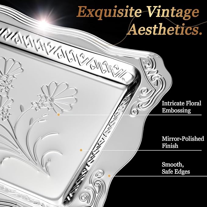 4 Pack 18.9" x 12.8" Large Silver Serving Trays for Dessert Table Stainless Steel Silver Platters Floral Engraved Mirror Serving Platters for Wedding, Cookies, Desserts, Party Food Display
