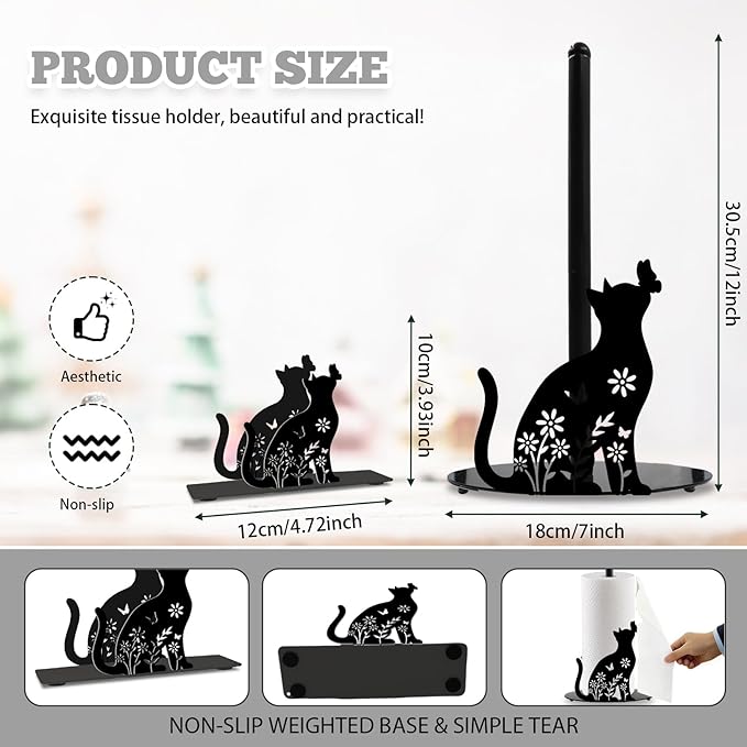 Cat Paper Towel Holder, Black Cat Countertop Kitchen Decor Indoor with Round Base, Cats Lover Gifts, Iron Kitty Napkin Holder Stand Accessories for Bathroom Kitchen Dining, 2 PCS