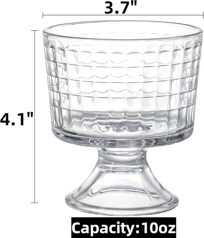Peohud 6 Pack Glass Dessert Bowls, 10 Oz Footed Ice Cream Cups, Crystal Trifle Bowl Parfait Cup for Fruits, Pudding, Sundaes, Milkshakes, Nuts, Snack