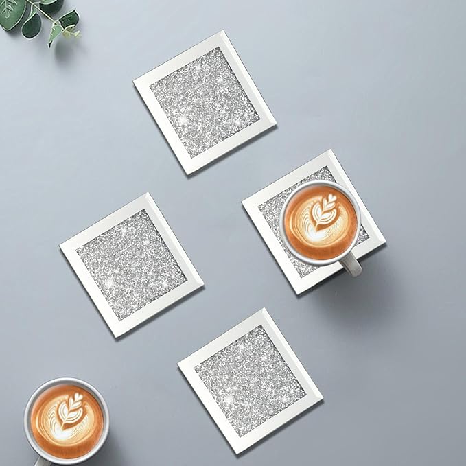 Glass Mirrored Coasters Set of 4, Square Coasters with Crushed Diamond, Mirrored Silver Glass Cup Mats for Drinks, Home Decoration, Kitchen Cafe Bar Restaurant Tabletop Protection
