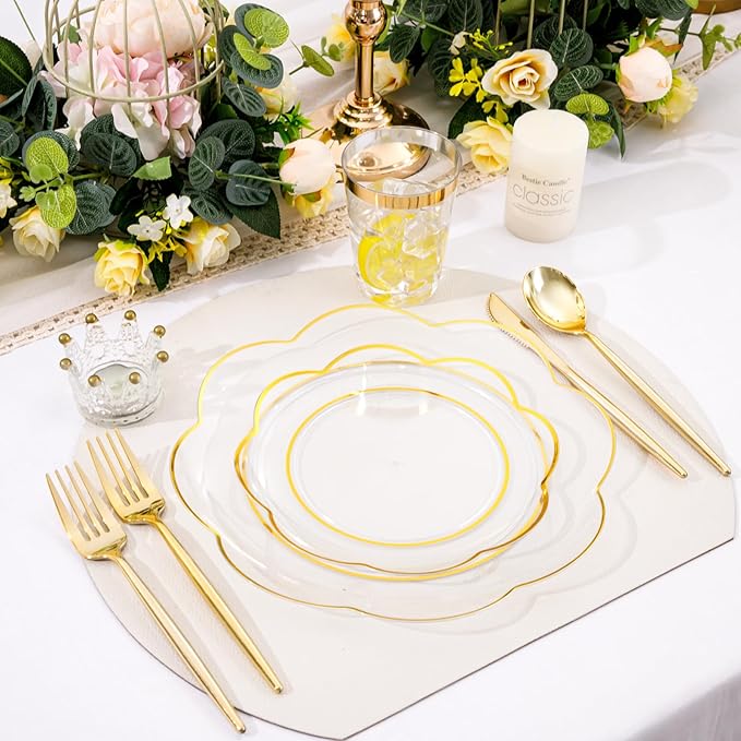 EI 180pcs Clear Plastic Plates with Gold Plastic Silverware, Plate for Party,Clear Dinnerware Set,Heavy Duty Plate for Wedding,Afternoon Tea,Spring,Mother's Day,Valentine's Day,Easter